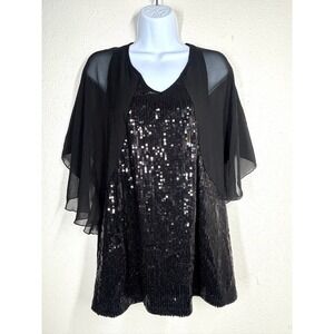 Seven Luxe Black Sequin Overlay Sheer Sleeve V-Neck Top 22/24 Batwings Party NWT